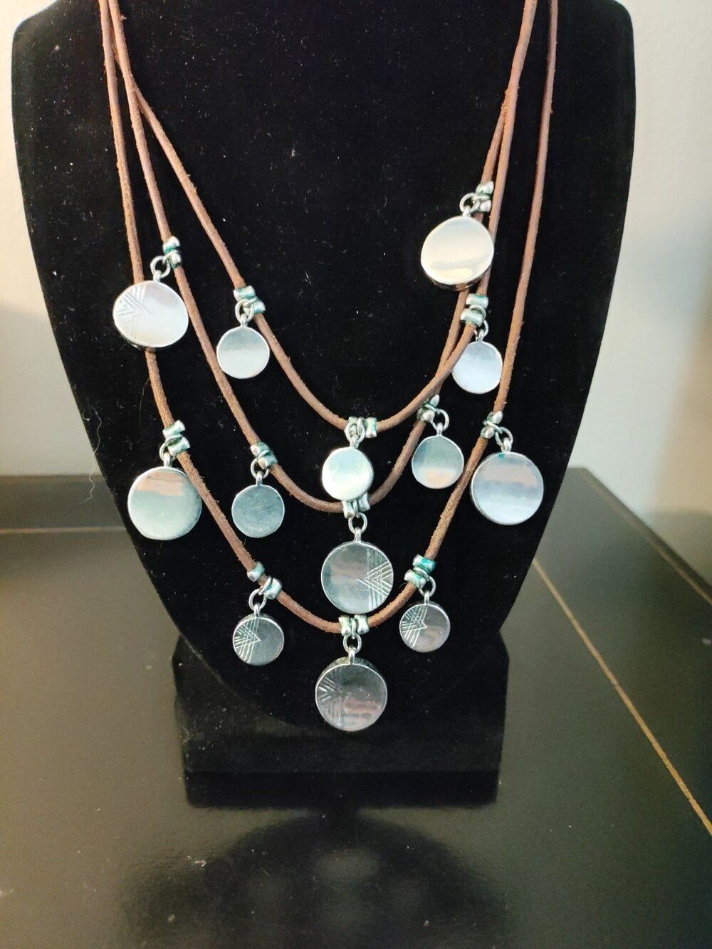 Chico's Multi Strand Leather Silver Disc Necklace